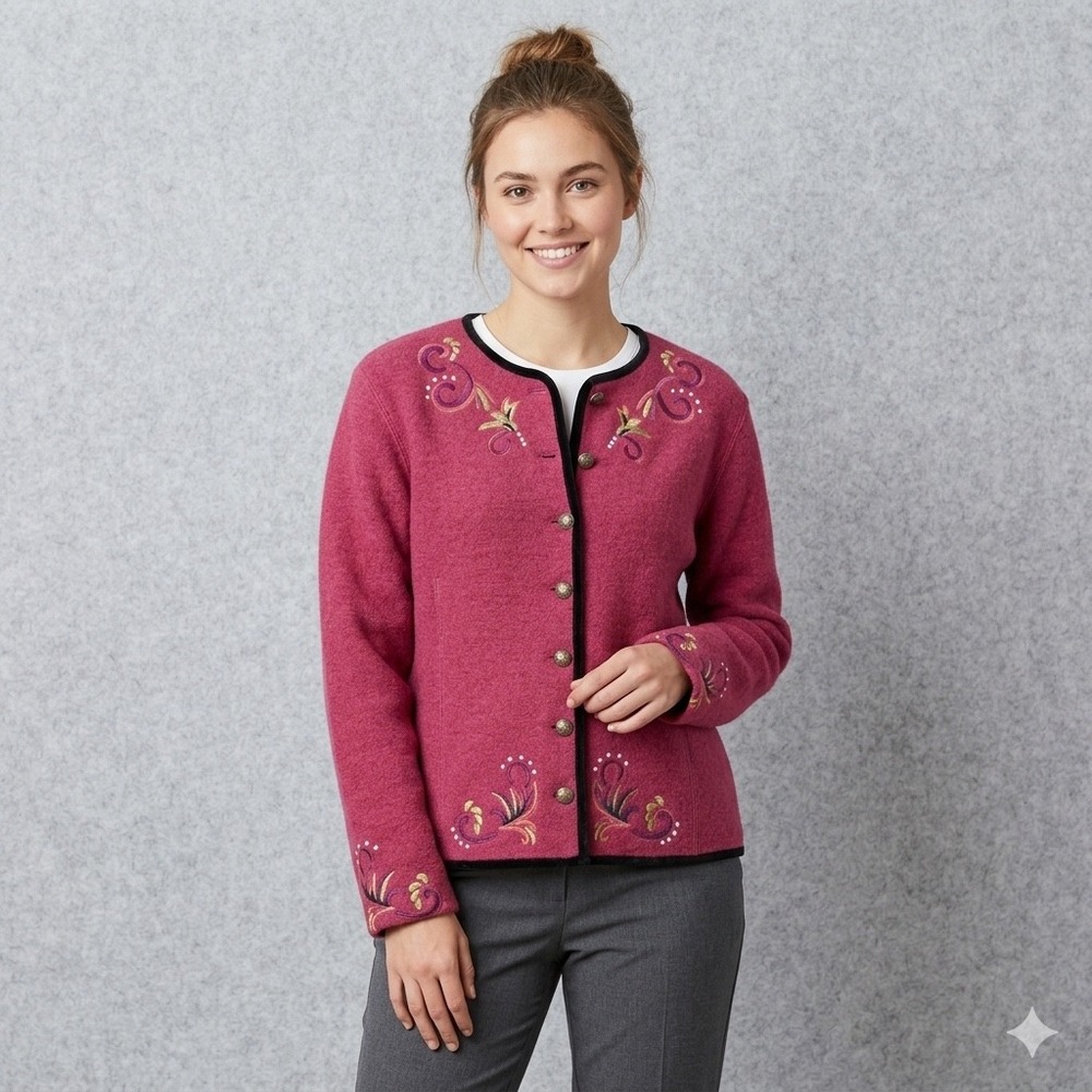 Vintage Icelandic Design Womens Size Large Wool Cardigan Sweater Red Embroidered